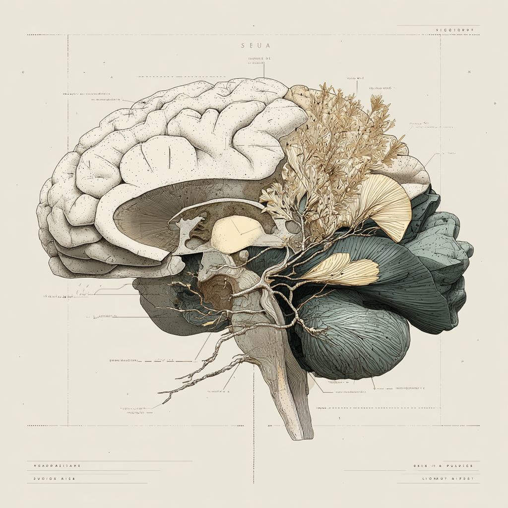Artistic illustration of the brain with organic elements, representing neurodivergent nervous system processing and adult ADHD therapy.
