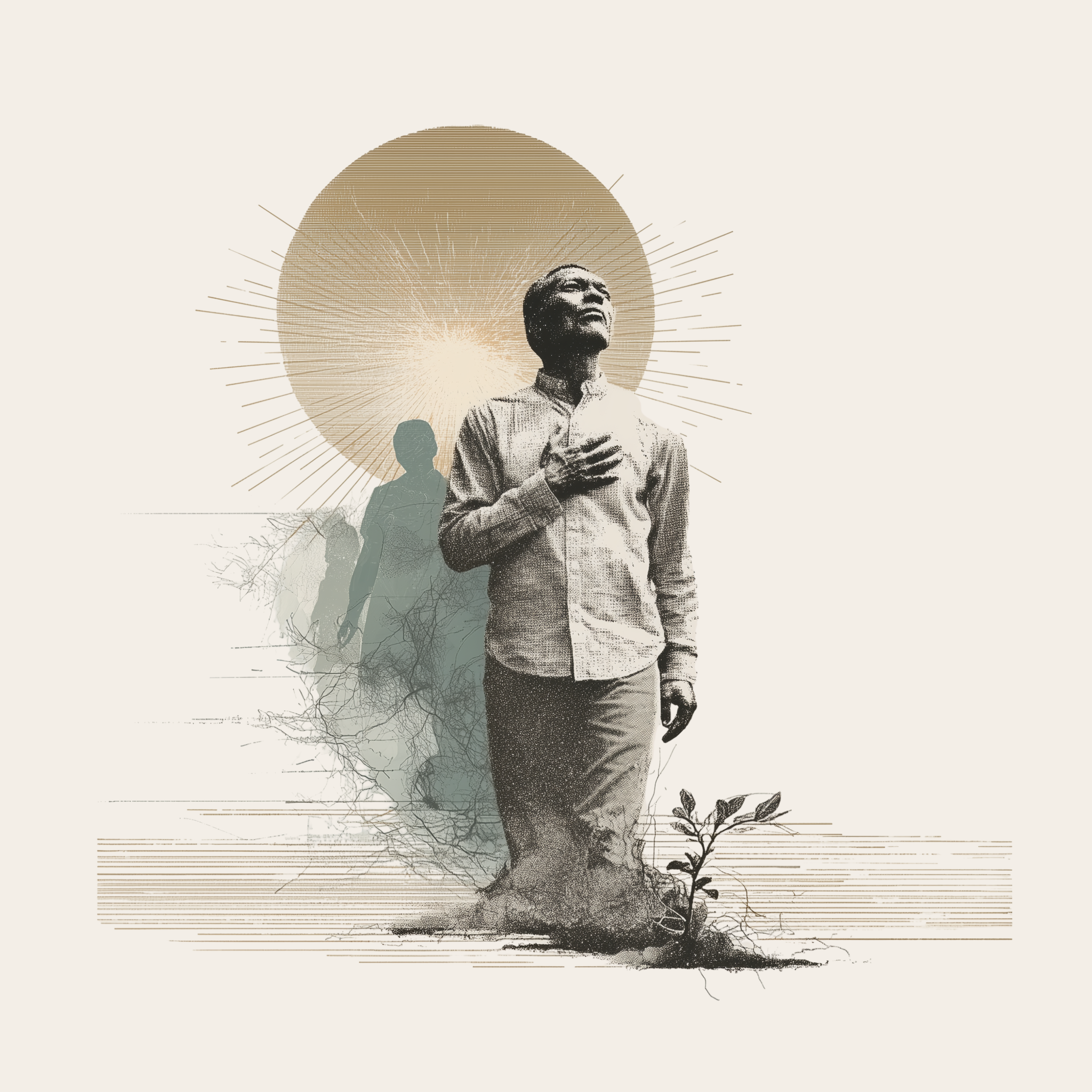 Illustration of a person walking with a hand on their chest, shadow figures behind them, and a radiant circular backdrop representing anxiety and inner tension.