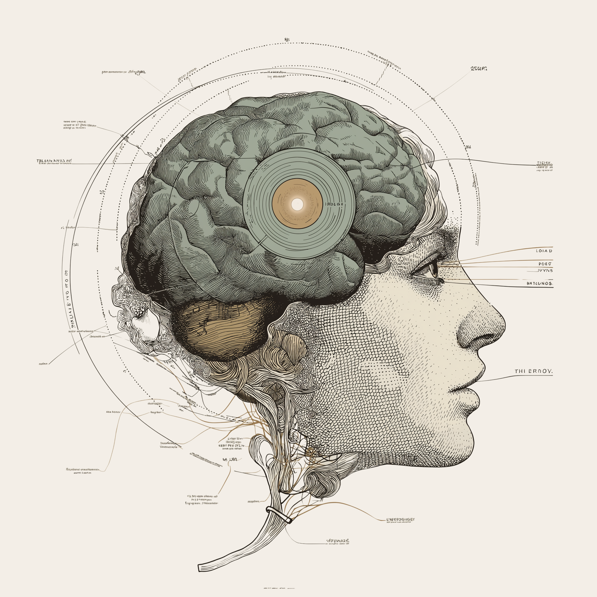 Illustration of a person in profile with an anatomical brain and a circular focus point, symbolizing the targeted nature of Brainspotting therapy.