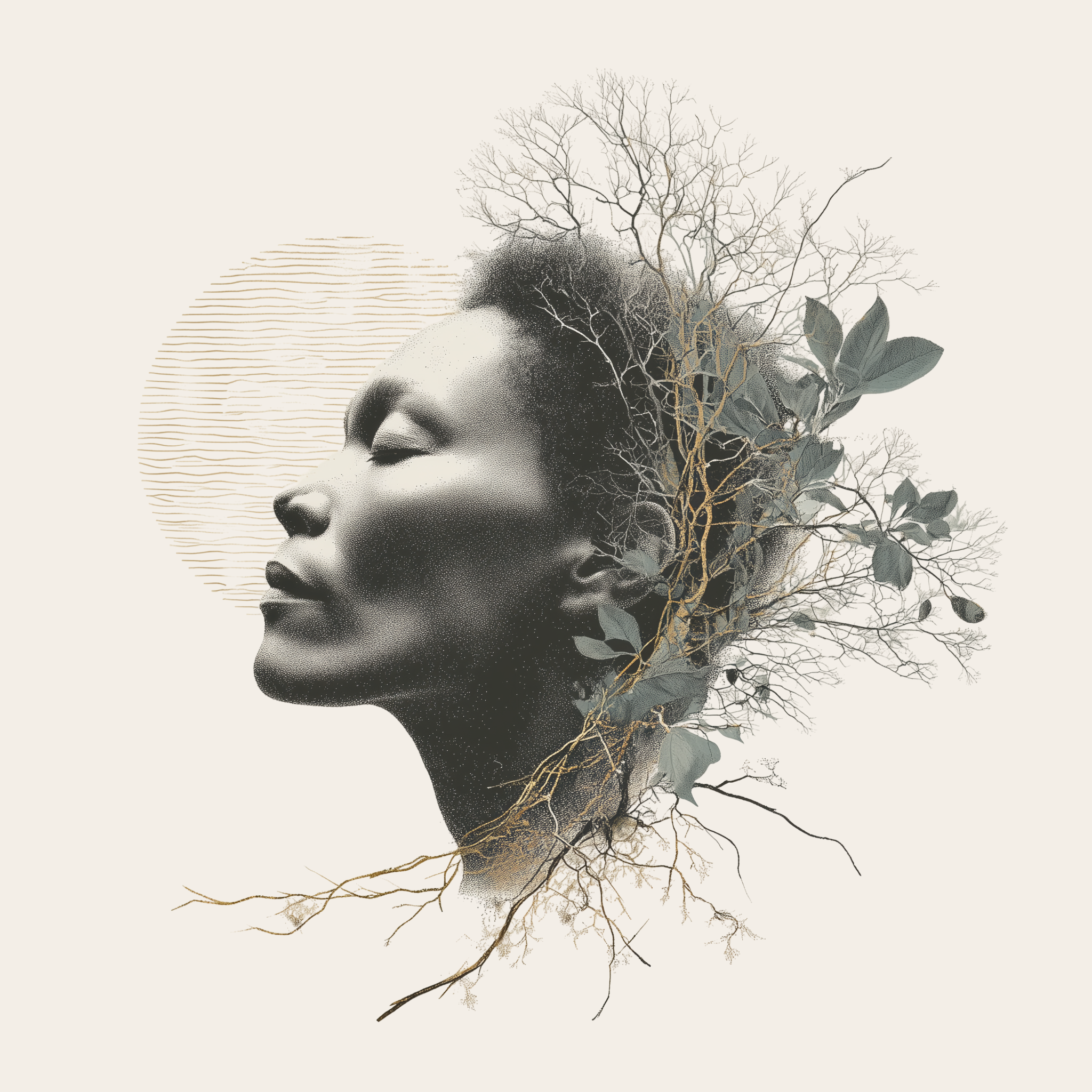 Illustration of a person in profile with eyes closed and branches and foliage woven around them, symbolizing exhaustion and burnout.