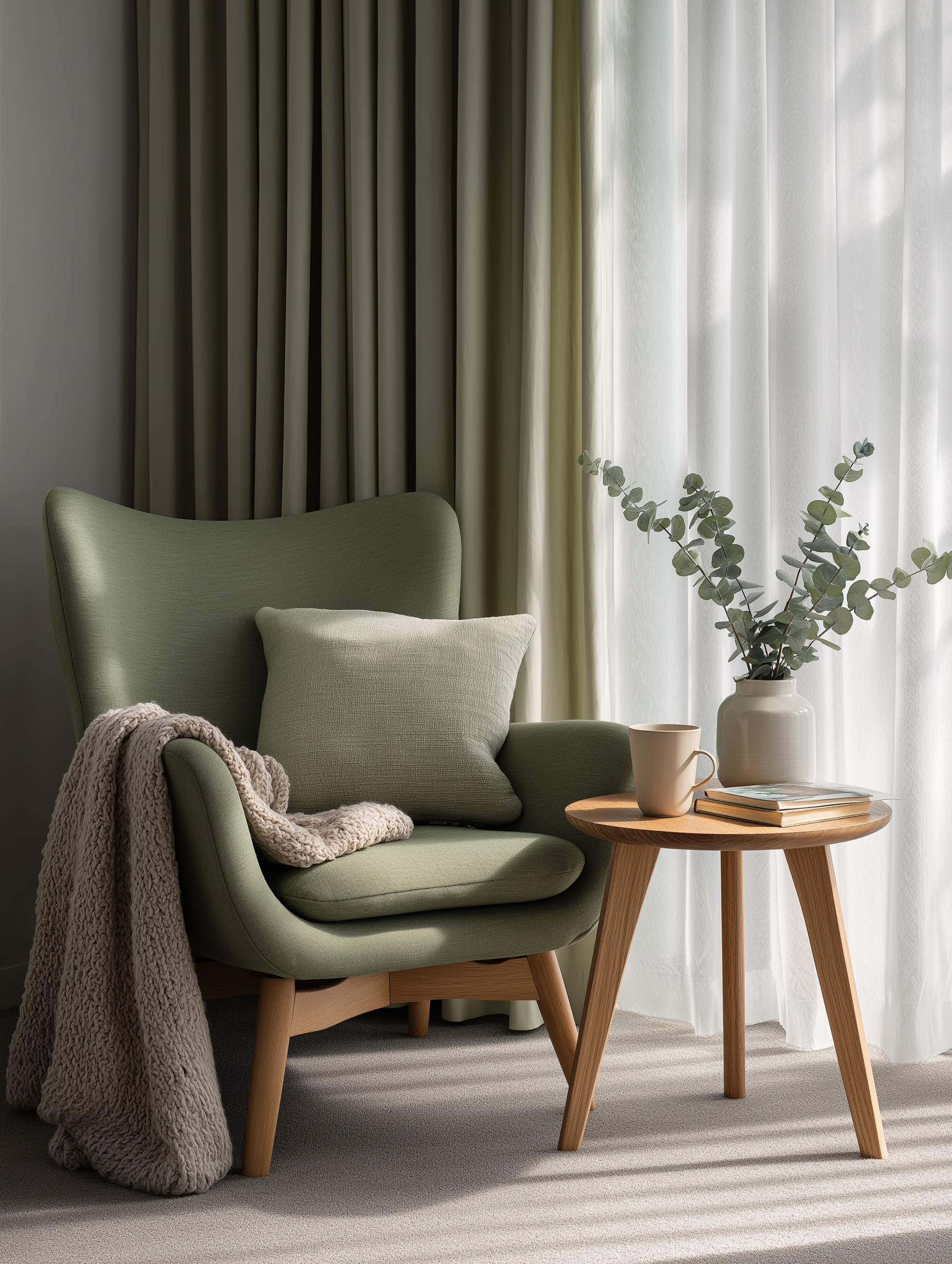 A cozy therapy space with a soft green chair, knitted blanket, wooden side table, mug, and vase with eucalyptus branches in gentle natural light.