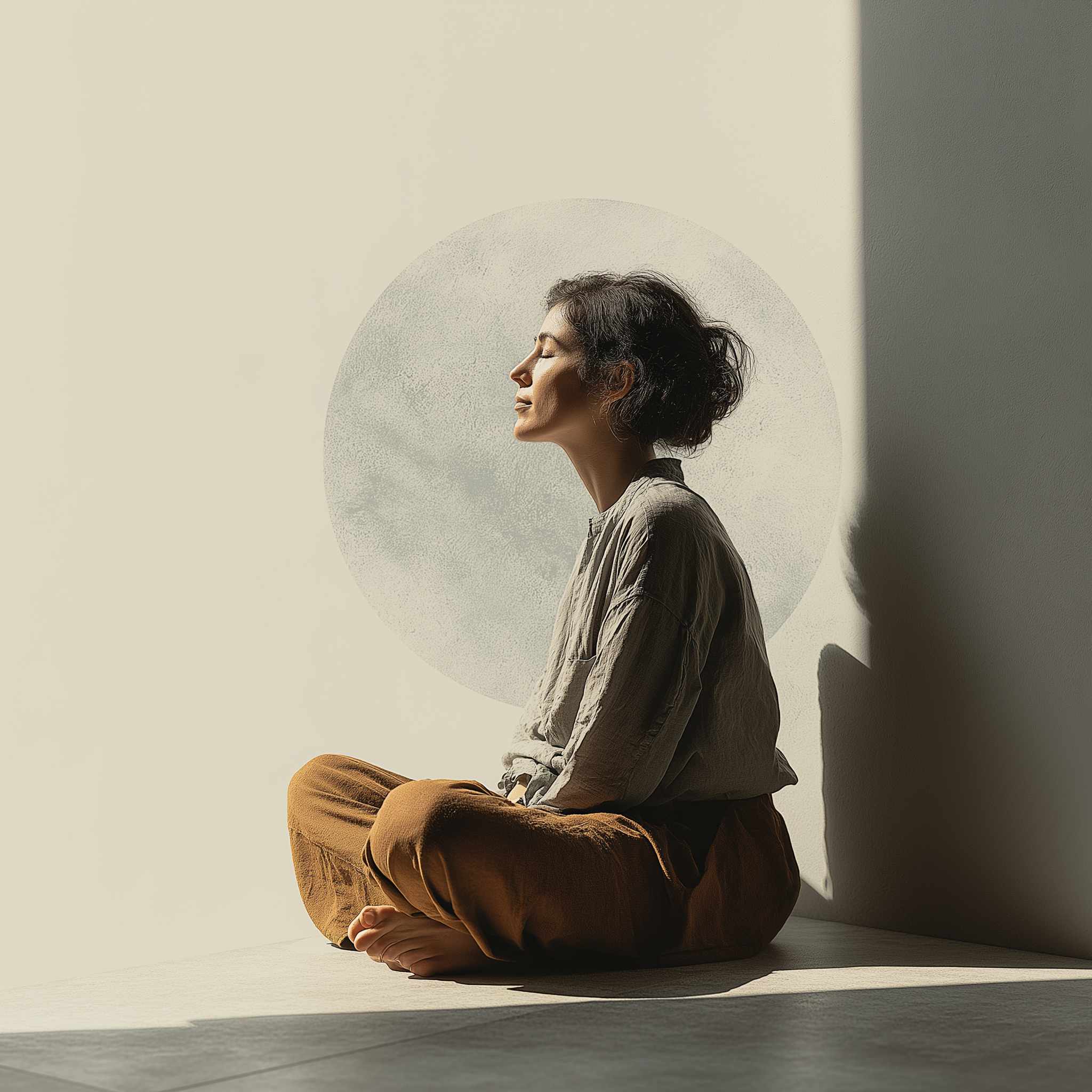 Person resting in a grounded posture, symbolizing emotional regulation and restored internal coherence.