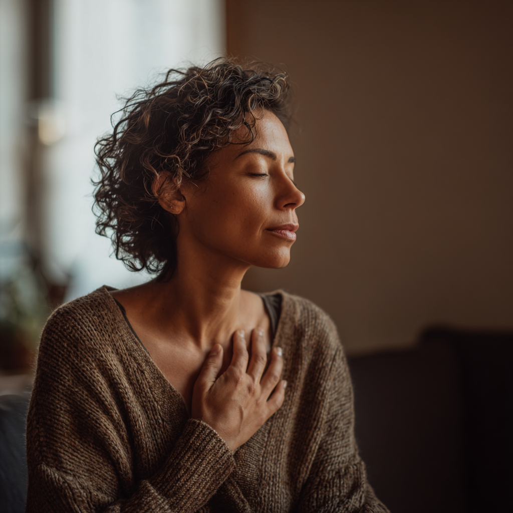 Adult grounding themselves by placing a hand on their chest during online therapy for anxiety.
