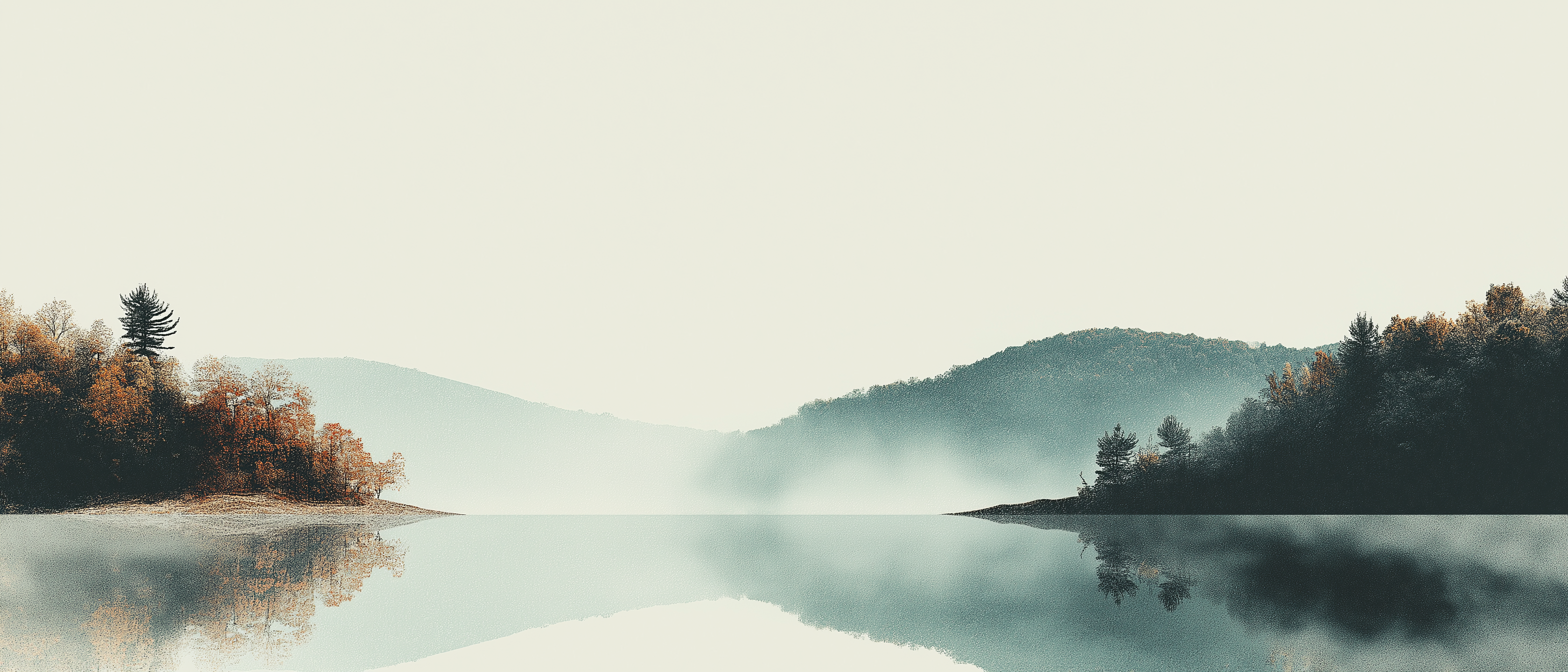 Calm misty lake surrounded by forested hills and autumn trees, representing grounding and emotional clarity in online therapy.