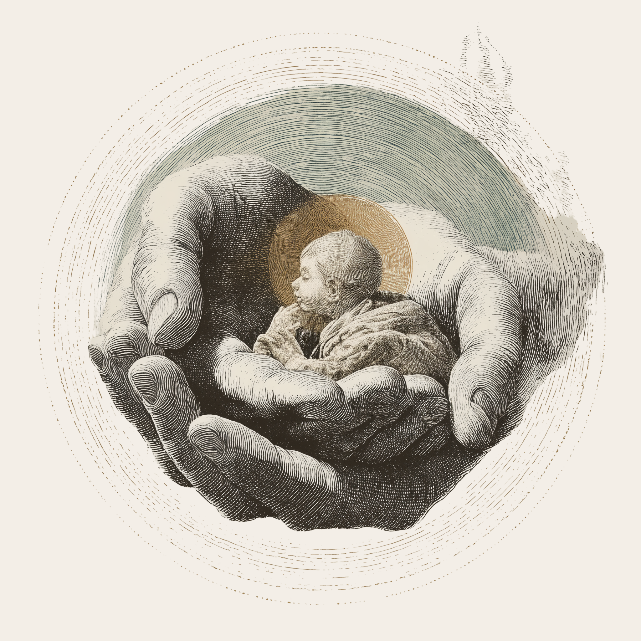 Illustrated large hands gently cradling a baby inside circular lines, symbolizing protection and early-life trauma.