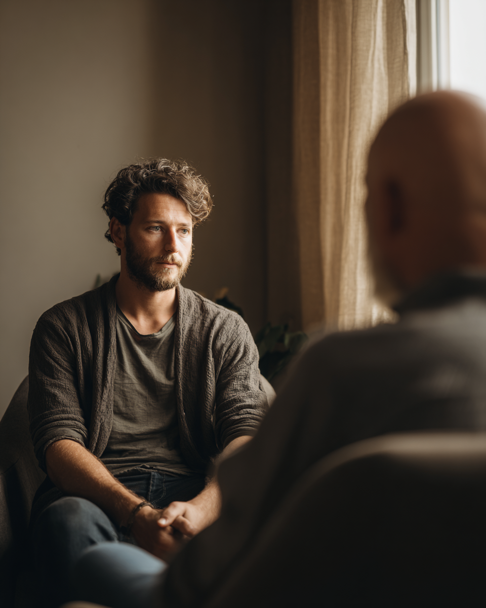 Adult client and anxiety therapist near me engaged in a grounded, somatic-focused online session.