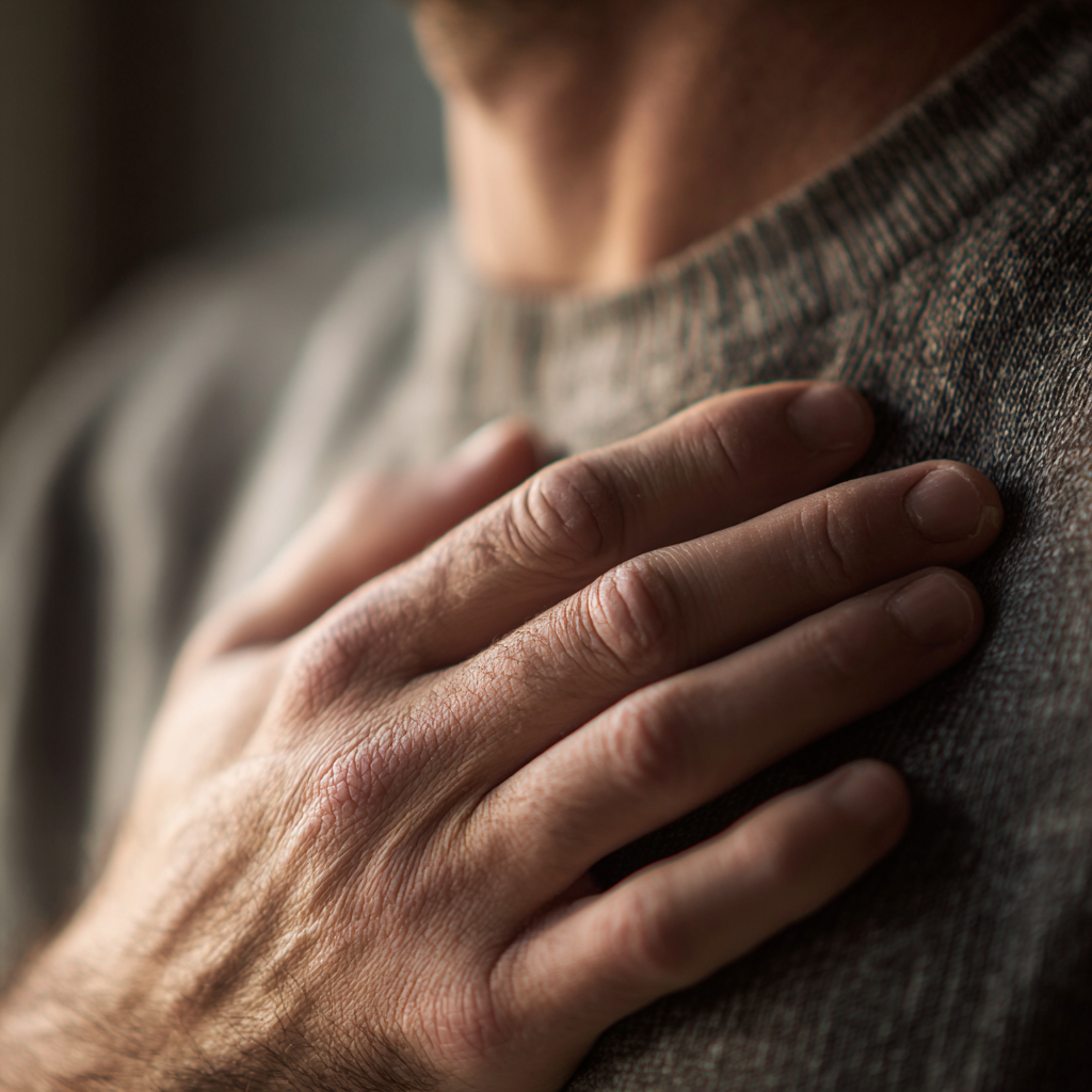 Hands resting on chest representing grounding and somatic body awareness in therapy.