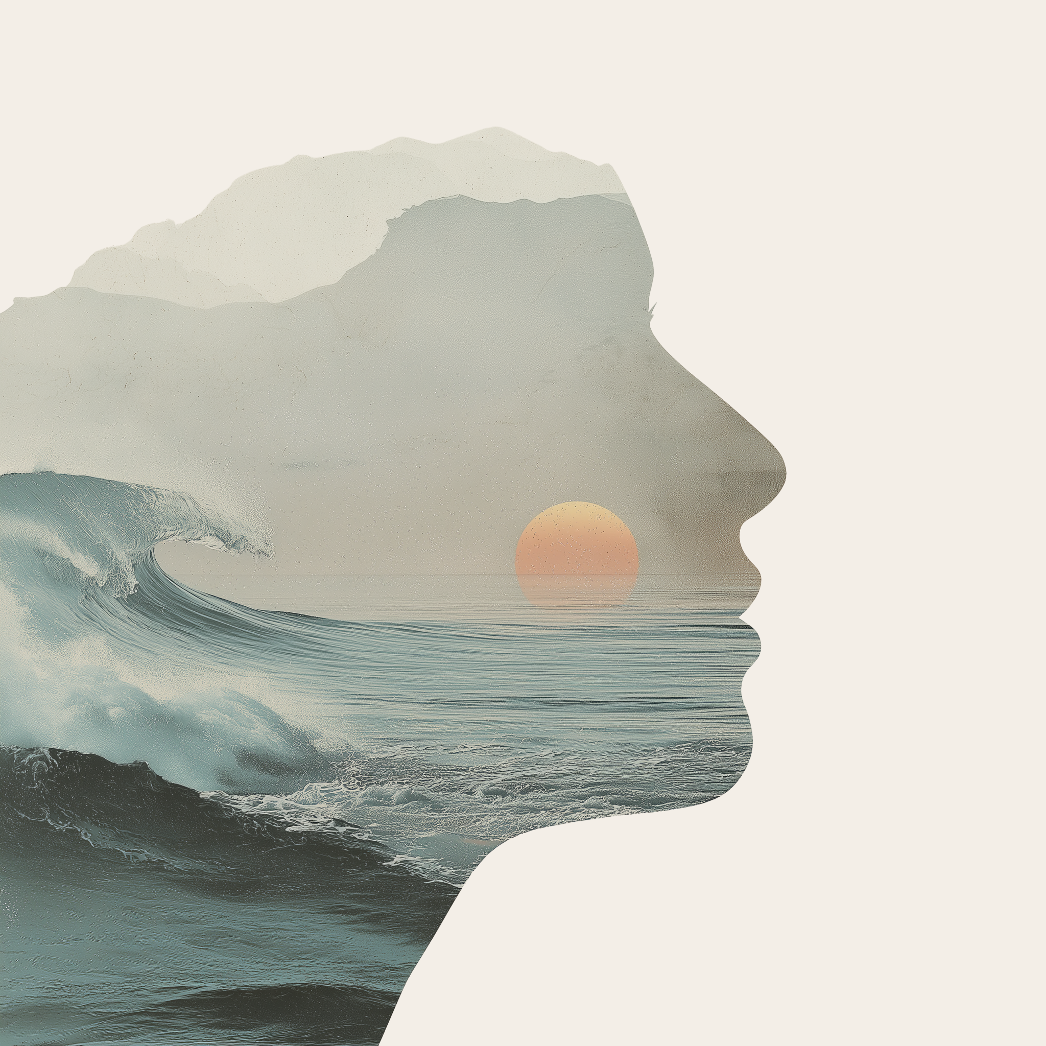 Illustrated human profile filled with ocean waves and a setting sun, representing the connection between body, sensation, and emotional experience.