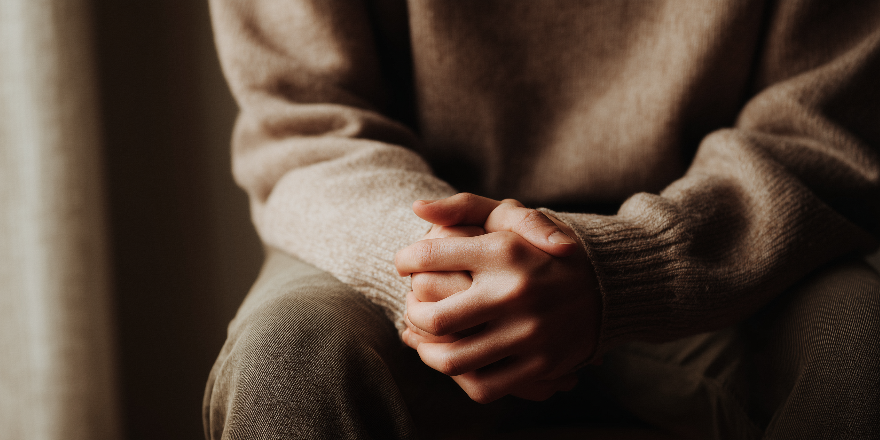 Hands resting in lap representing grounded, trauma-informed somatic therapy for adults in online therapy in Michigan